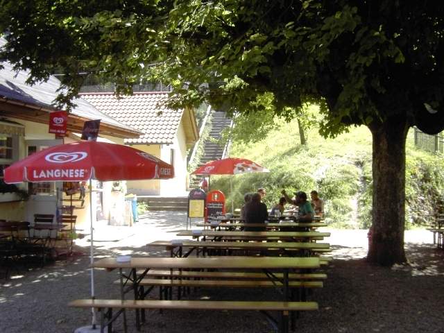 Der Biergarten: an heien Tagen schattig durch Ahorn- und Lindenbume