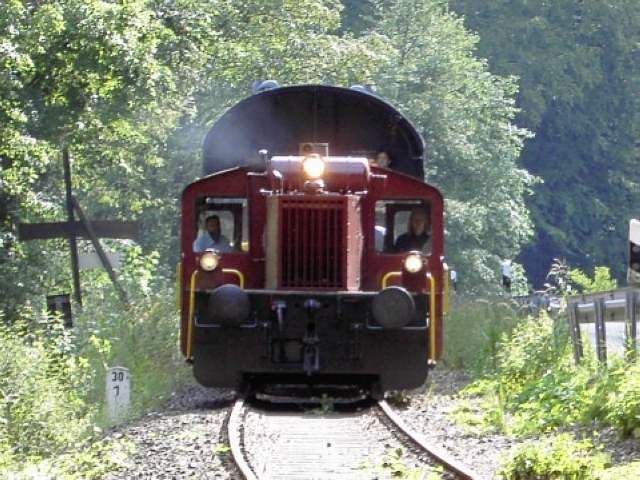 Dampfbahn Fränkische Schweiz: Diesellok der DFS kurz vor dem Bahnhof Behringersmühle (Bild 71007)