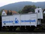 Güterwagen mit Bremserhäuschen im Bahnhof von Ebermannstadt